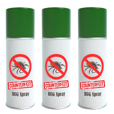 An image of bug spray cans with the word COUNTERFEIT overlaid