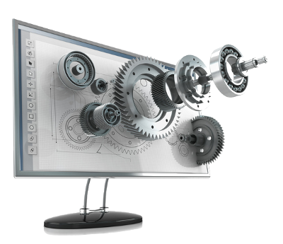 An image of a monitor with mechanical parts materializing from the screen